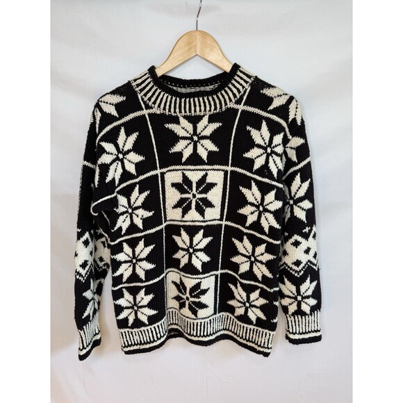 Vintage Y2K Esprit Ski Sweater Nordic S Mock Black White Snowflake Chunky Cotton - Picture 1 of 9